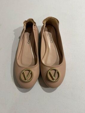Valentino Blush Pink Leather Ballet Flats with Gold V Logo